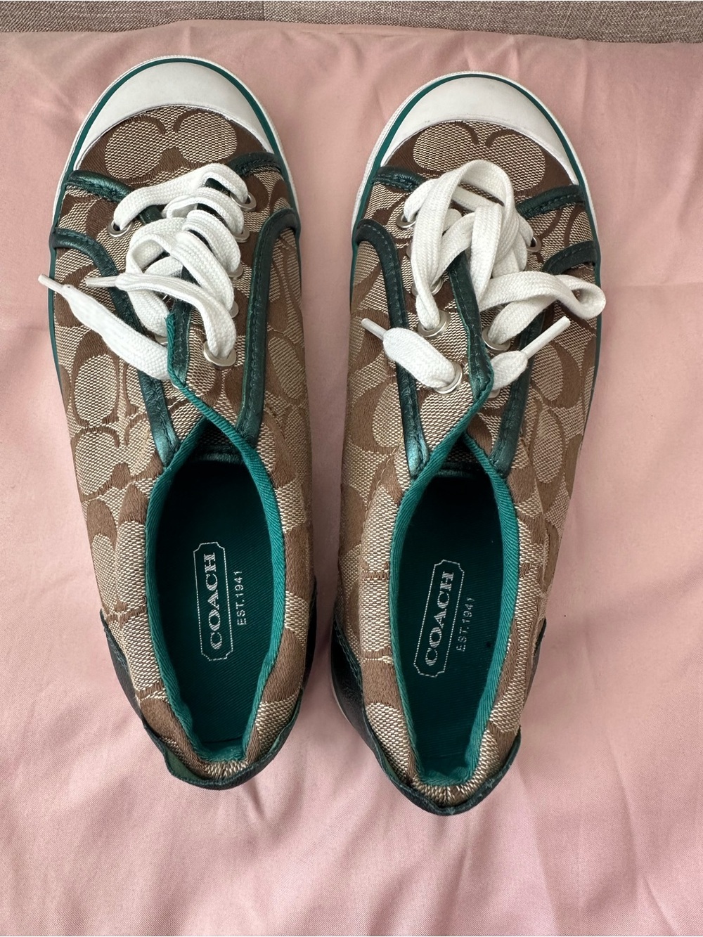 Coach Canvas Low-Top Sneakers in Brown and Teal Trim